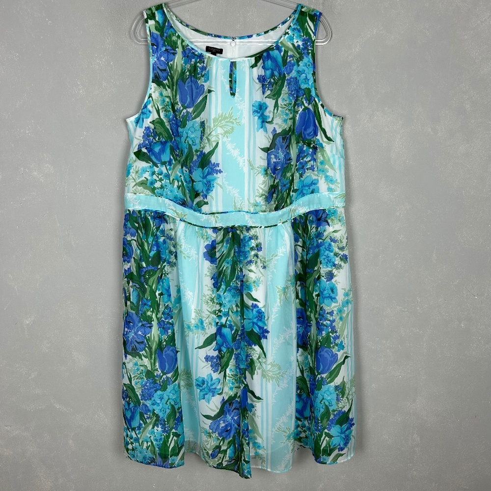 Talbots midi dress size 16W sleeveless fit & flare blue floral chiffon lined
